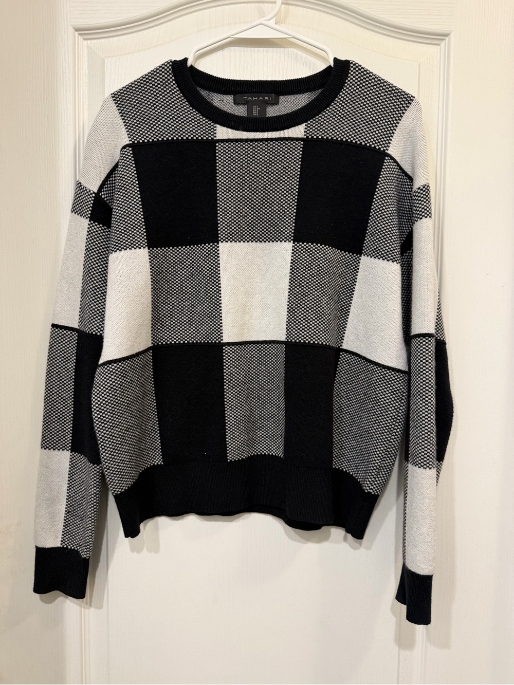 Tahari Black & White Check Crewneck Sweater
